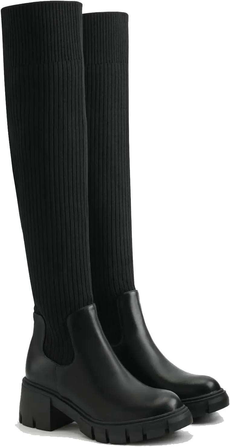 Womens Over Knee Boots Thigh High Stretch Knitted Socks Chunky Block Heel Boots
