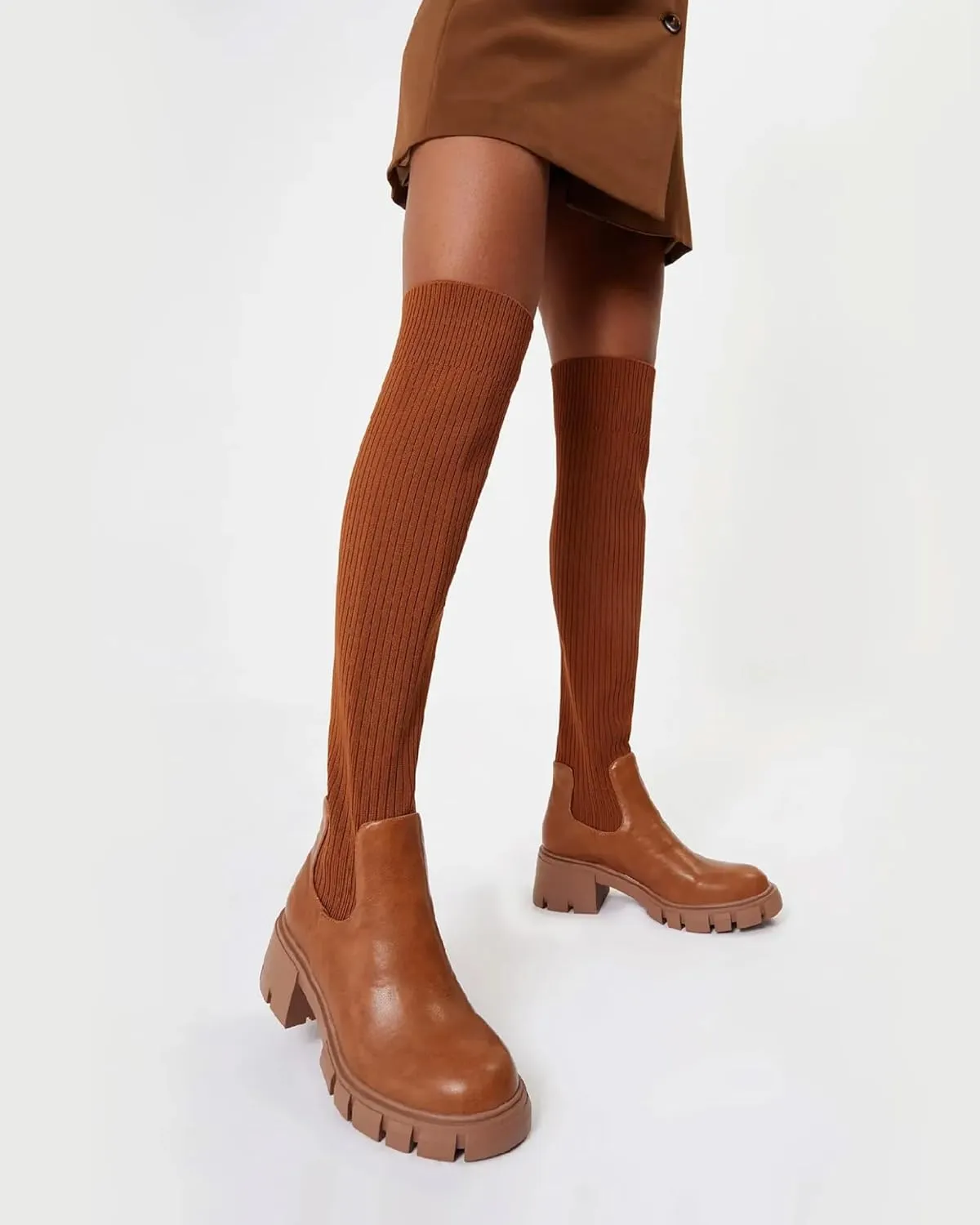 Womens Over Knee Boots Thigh High Stretch Knitted Socks Chunky Block Heel Boots
