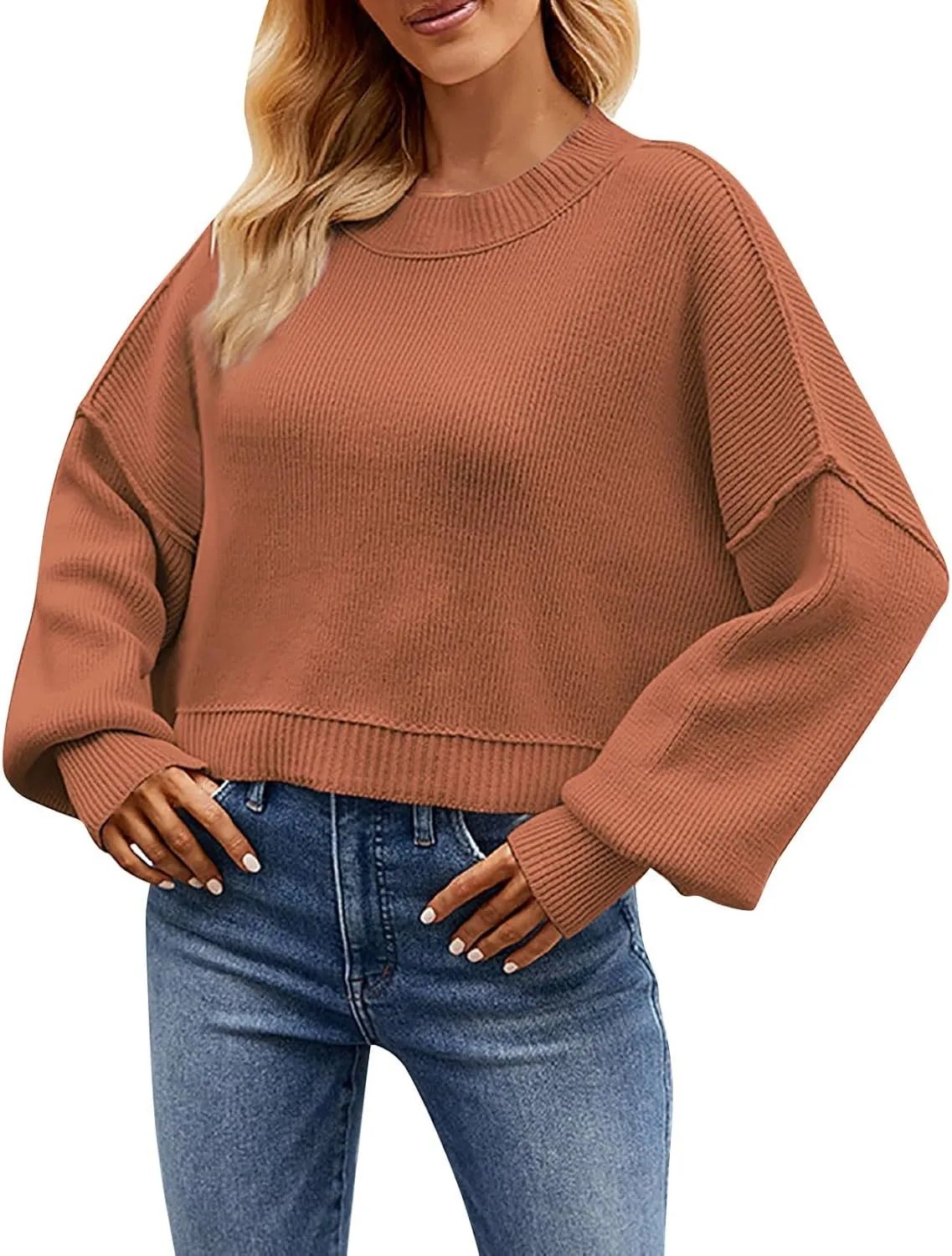 Women's Oversized Drop Shoulder Crop Sweaters Knit Crewneck Lantern Sleeve Pullover Spring Casual Solid Plus Size Jumper Tops