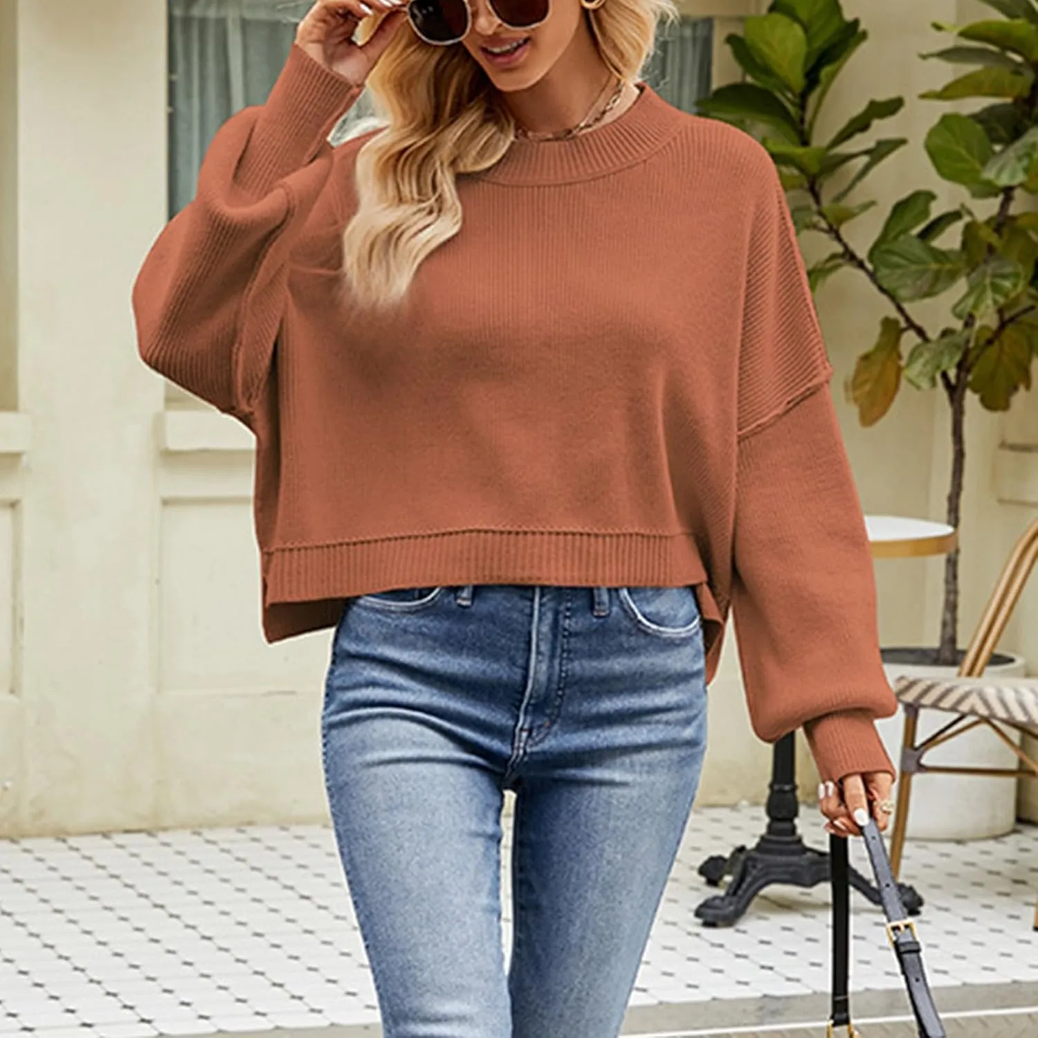 Women's Oversized Drop Shoulder Crop Sweaters Knit Crewneck Lantern Sleeve Pullover Spring Casual Solid Plus Size Jumper Tops