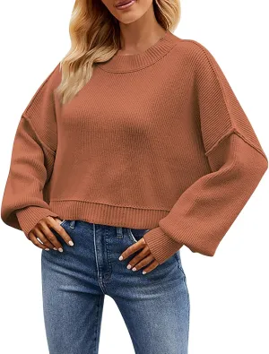 Women's Oversized Drop Shoulder Crop Sweaters Knit Crewneck Lantern Sleeve Pullover Spring Casual Solid Plus Size Jumper Tops