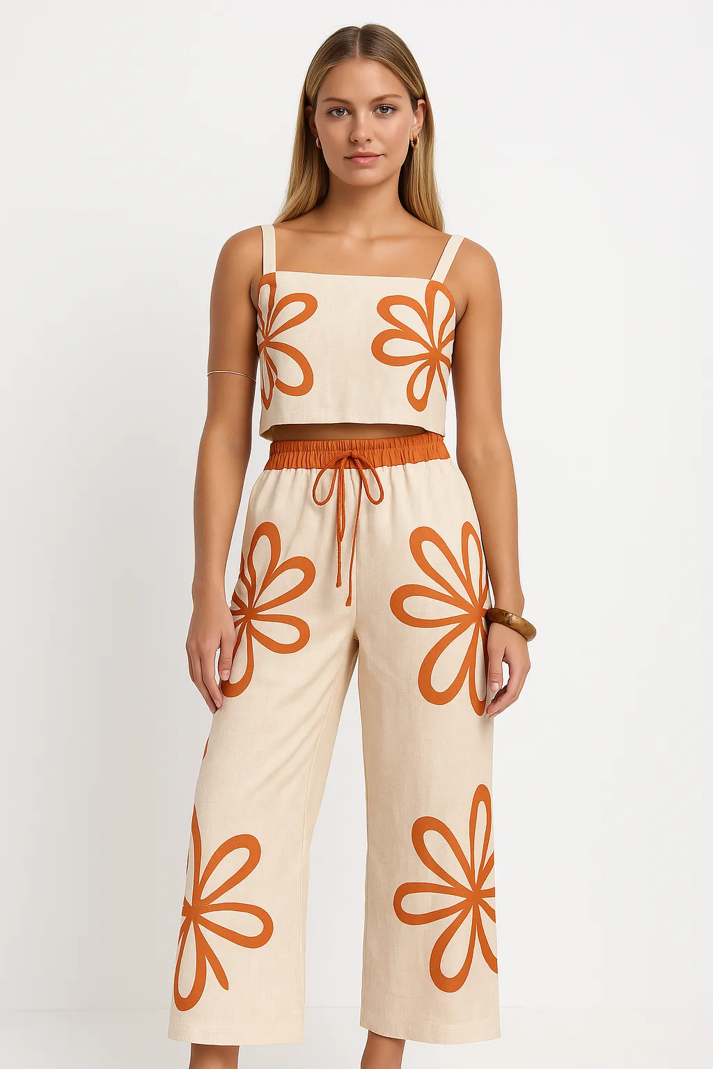 Women’s Pants Set – Wide-Leg Relaxed Fit – Linen Blend – Floral Print – Cropped Camisole