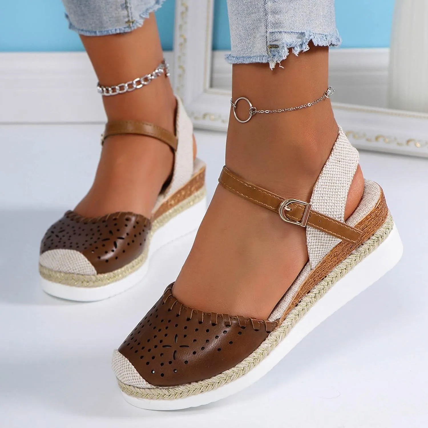 Women's Platform & Wedge Sandals Summer Closed Toe Hollow Out Orthopedic Shoes Comfort Breathable Slip On Summer Sandals with Adjustable Buckle Ankle Strap