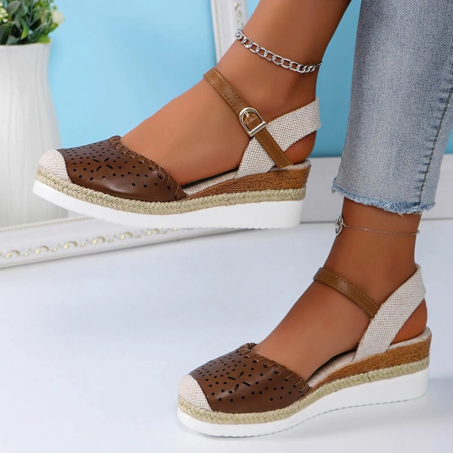 Women's Platform & Wedge Sandals Summer Closed Toe Hollow Out Orthopedic Shoes Comfort Breathable Slip On Summer Sandals with Adjustable Buckle Ankle Strap