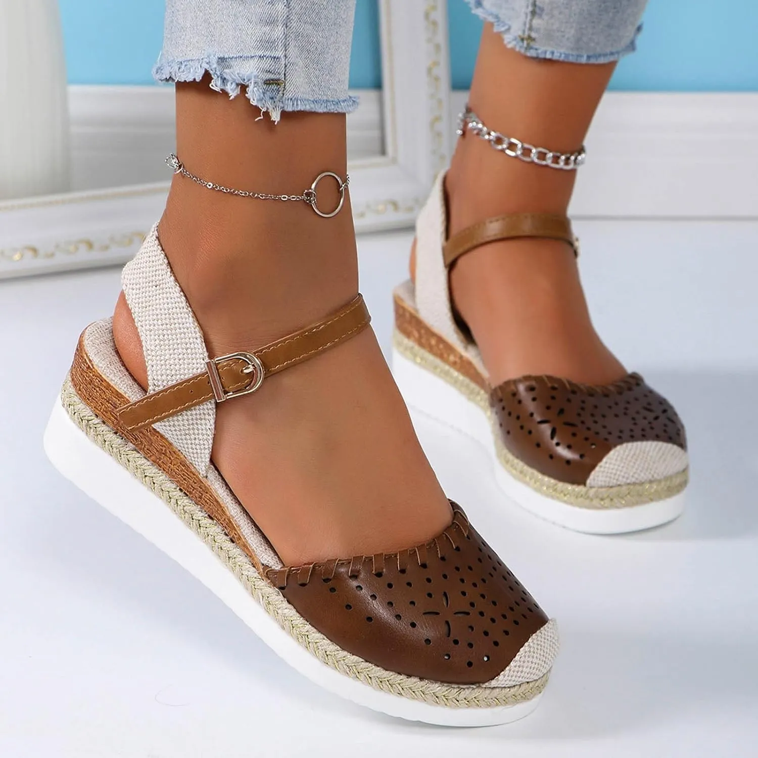 Women's Platform & Wedge Sandals Summer Closed Toe Hollow Out Orthopedic Shoes Comfort Breathable Slip On Summer Sandals with Adjustable Buckle Ankle Strap