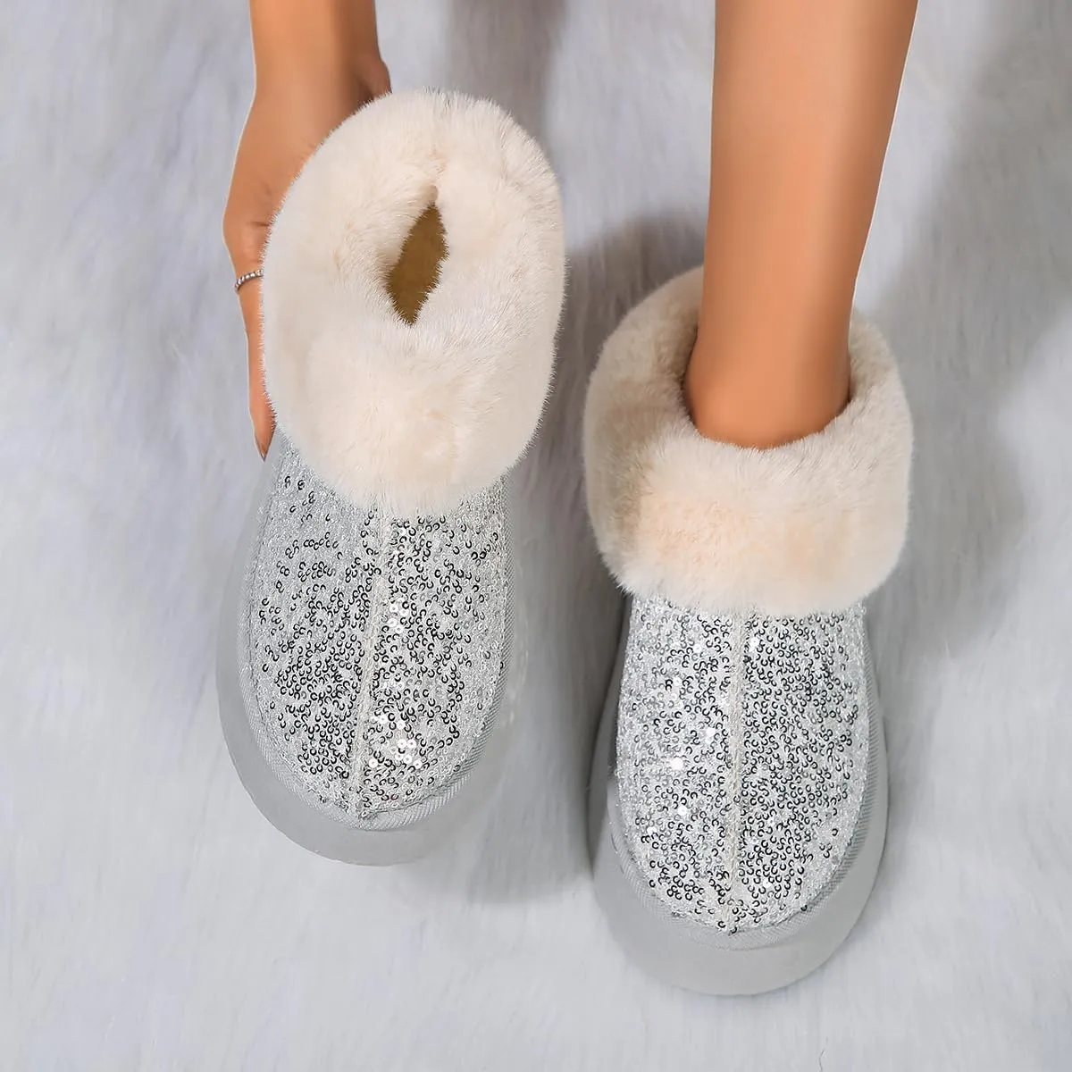 Women's Platform Flat Boots Glitter Sequin Fuzzy Slippers Warm Winter Snow Boots Indoor And Outdoor Comfy Warm