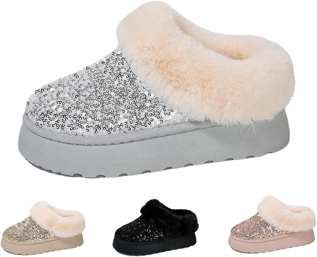 Women's Platform Flat Boots Glitter Sequin Fuzzy Slippers Warm Winter Snow Boots Indoor And Outdoor Comfy Warm