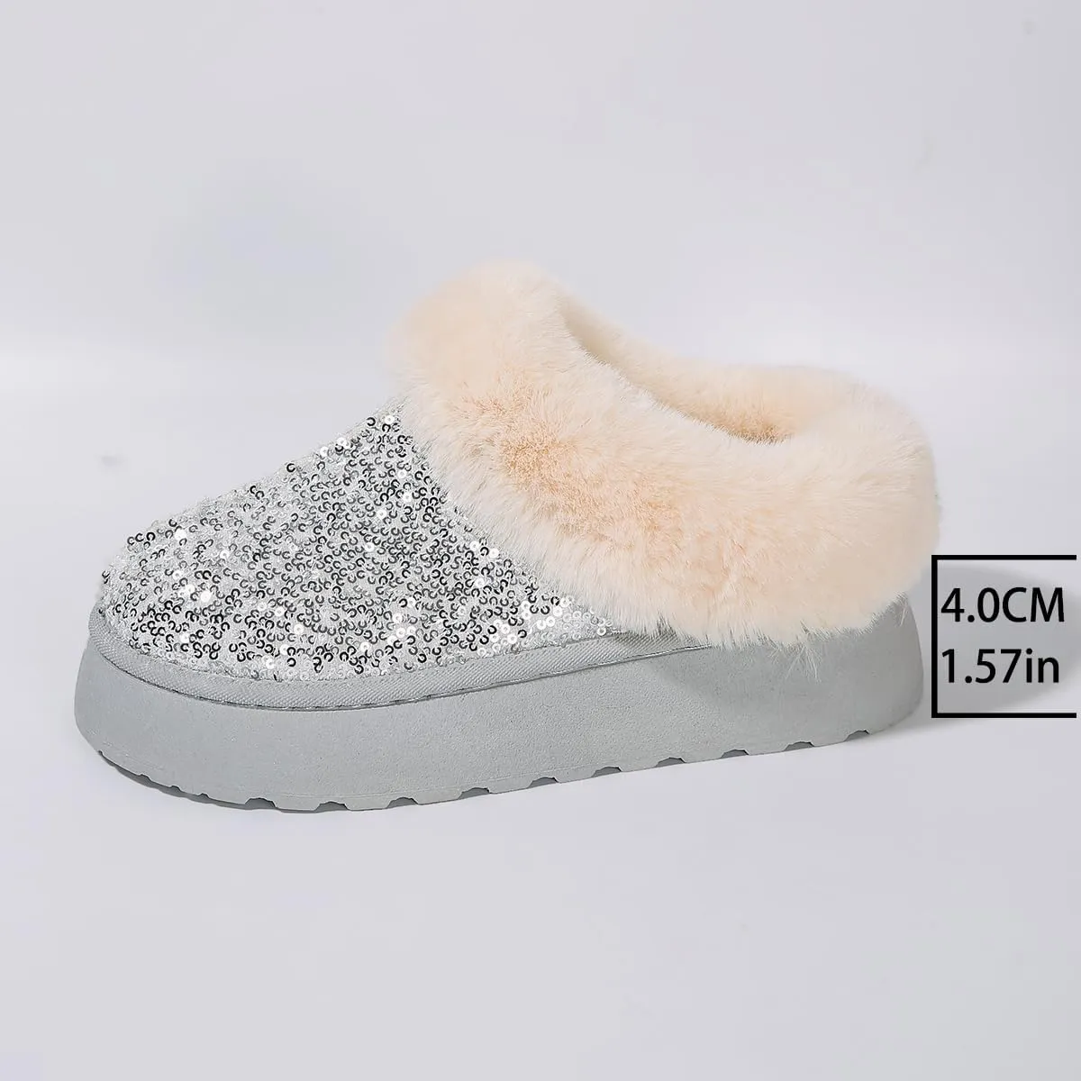 Women's Platform Flat Boots Glitter Sequin Fuzzy Slippers Warm Winter Snow Boots Indoor And Outdoor Comfy Warm