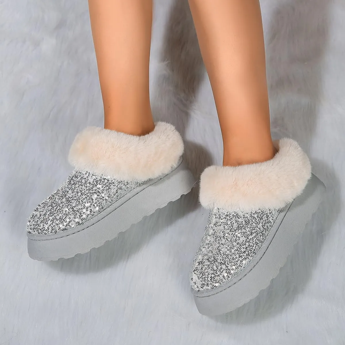 Women's Platform Flat Boots Glitter Sequin Fuzzy Slippers Warm Winter Snow Boots Indoor And Outdoor Comfy Warm