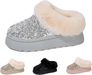 Women's Platform Flat Boots Glitter Sequin Fuzzy Slippers Warm Winter Snow Boots Indoor And Outdoor Comfy Warm