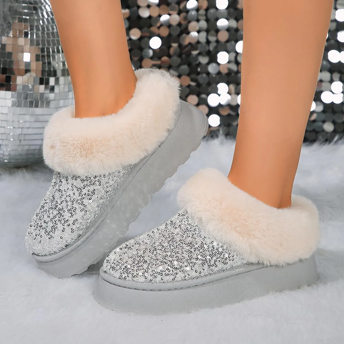 Women's Platform Flat Boots Glitter Sequin Fuzzy Slippers Warm Winter Snow Boots Indoor And Outdoor Comfy Warm