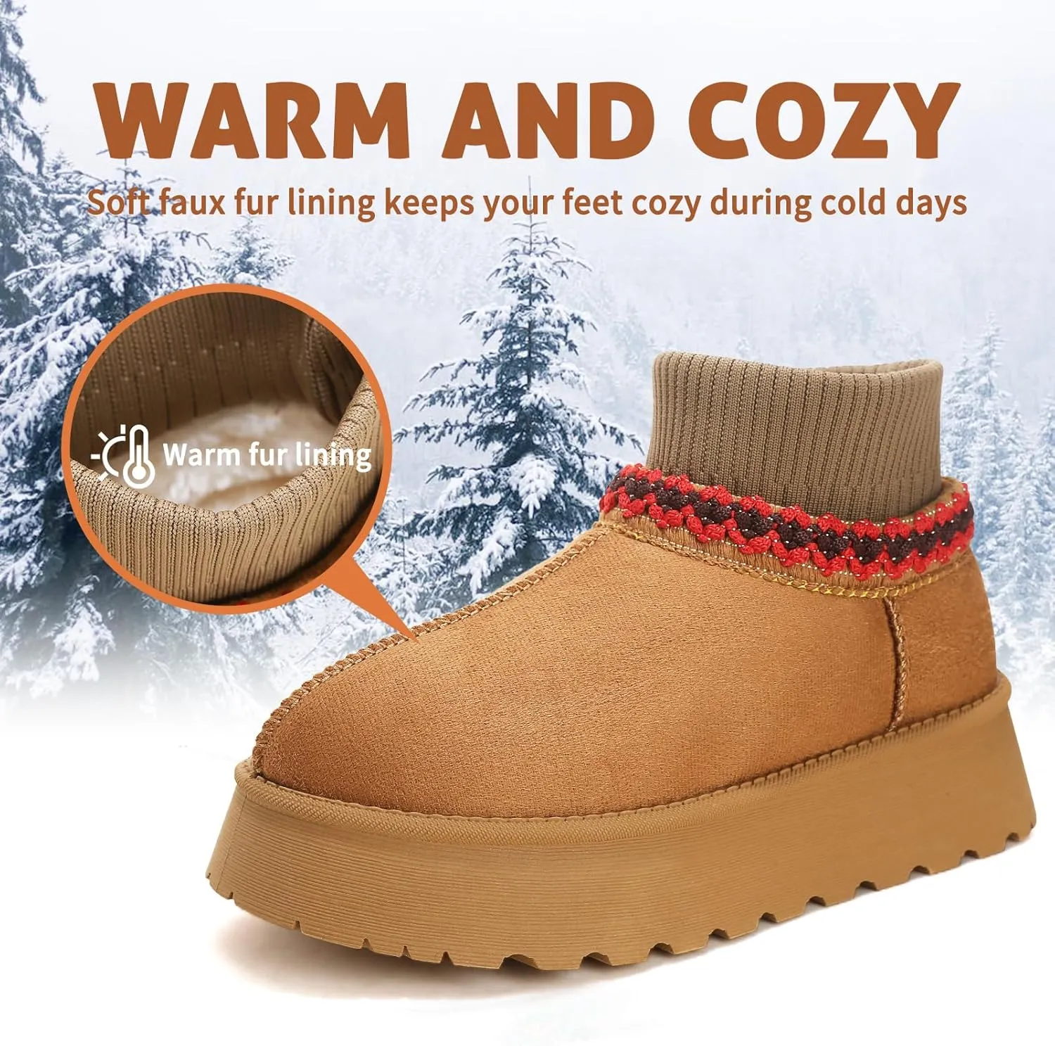 Women's Platform Fuzzy Slippers, Warm Winter Snow Mini Boots with Memory Foam, Fur Fleece Lined House Shoes Indoor and Outdoor