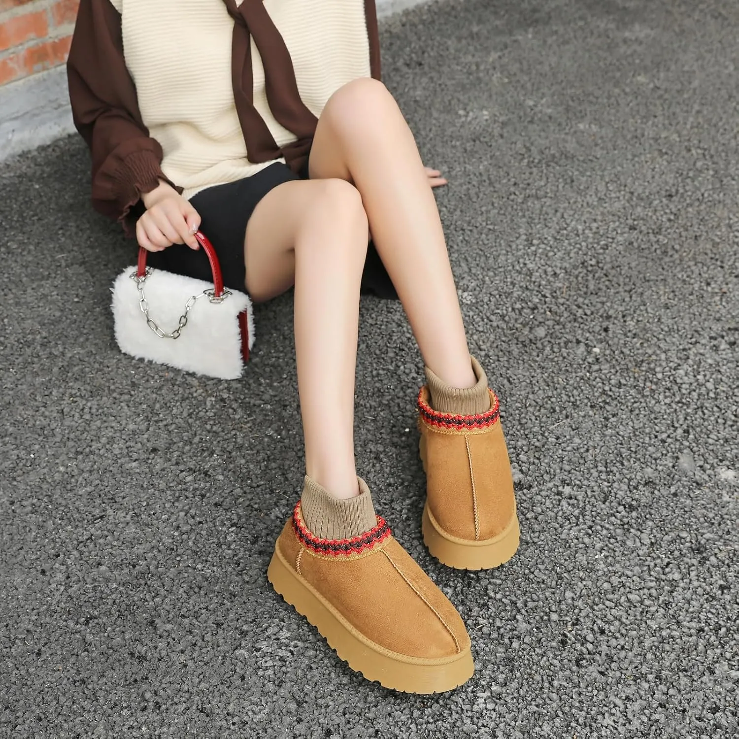 Women's Platform Fuzzy Slippers, Warm Winter Snow Mini Boots with Memory Foam, Fur Fleece Lined House Shoes Indoor and Outdoor