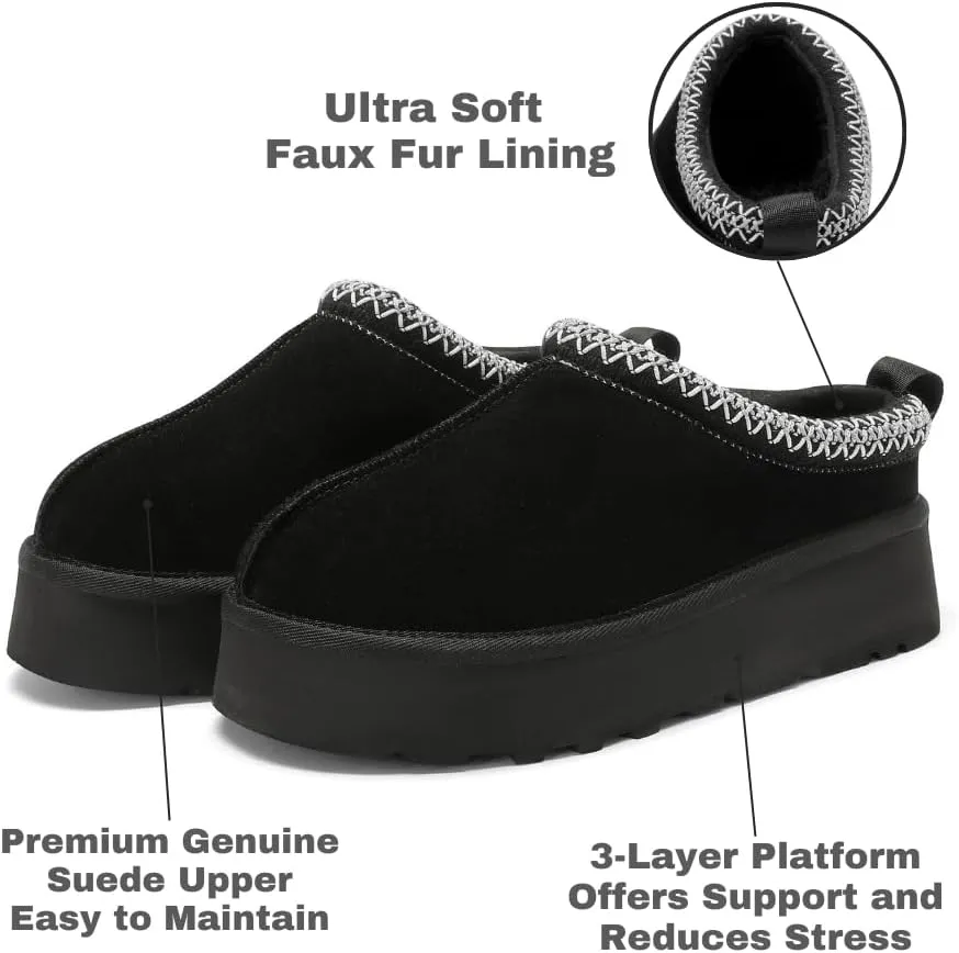 Women's Platform Slippers, Genuine Suede Warm Fleece Lined Anti-Slip Tazz Style for Indoor Outdoor