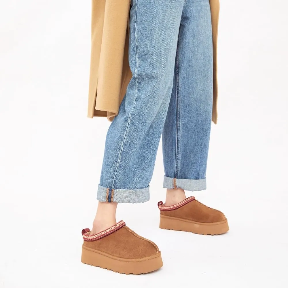 Women's Platform Slippers, Genuine Suede Warm Fleece Lined Anti-Slip Tazz Style for Indoor Outdoor