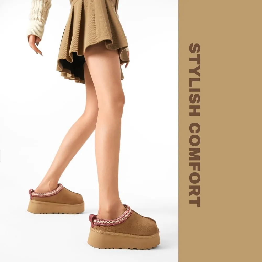 Women's Platform Slippers, Genuine Suede Warm Fleece Lined Anti-Slip Tazz Style for Indoor Outdoor