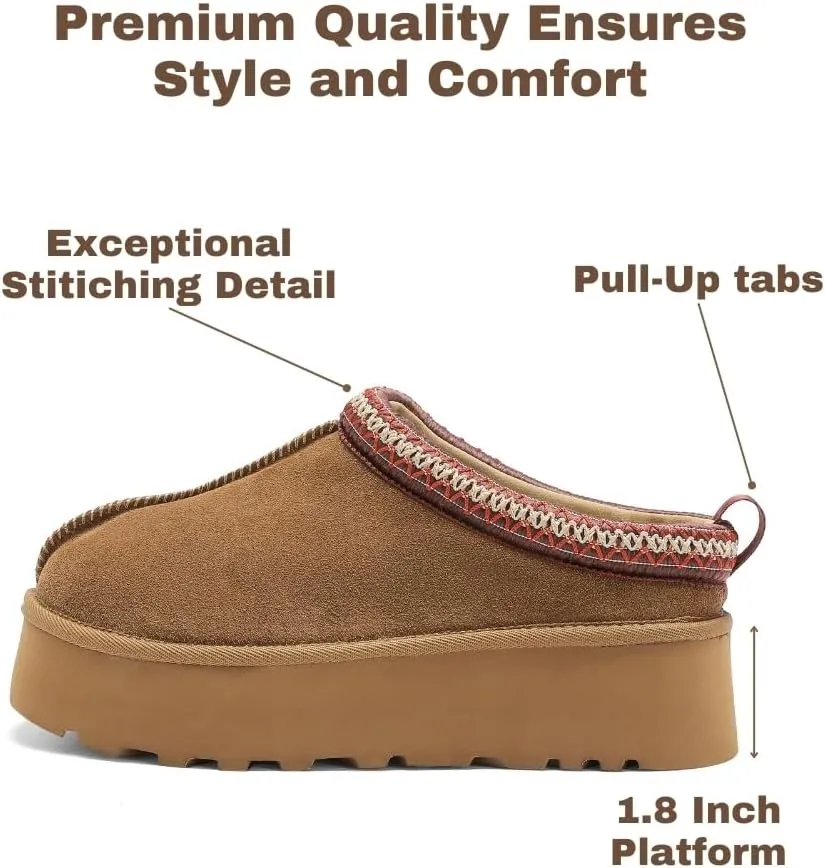 Women's Platform Slippers, Genuine Suede Warm Fleece Lined Anti-Slip Tazz Style for Indoor Outdoor