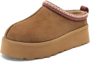 Women's Platform Slippers, Genuine Suede Warm Fleece Lined Anti-Slip Tazz Style for Indoor Outdoor