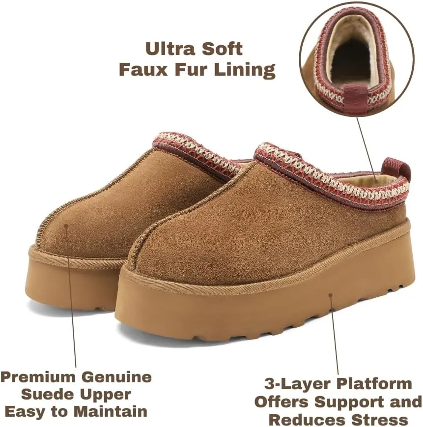 Women's Platform Slippers, Genuine Suede Warm Fleece Lined Anti-Slip Tazz Style for Indoor Outdoor