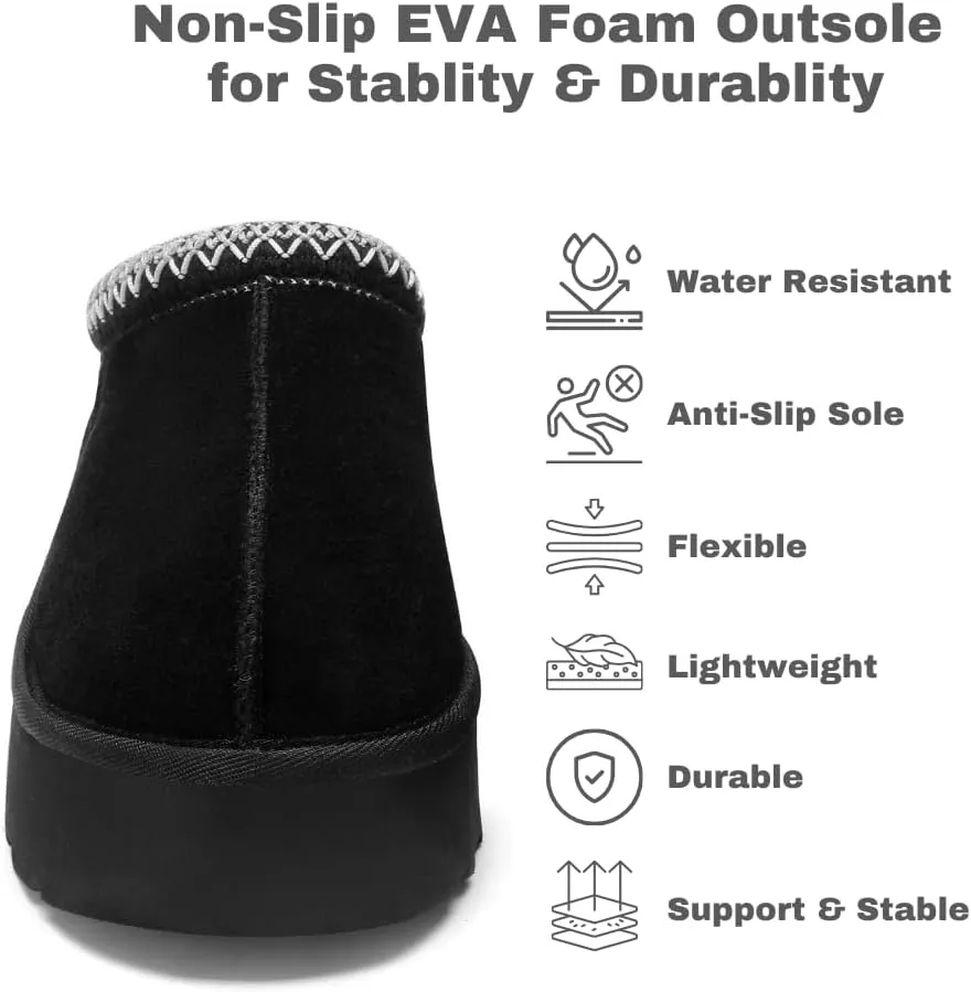 Women's Platform Slippers, Genuine Suede Warm Fleece Lined Anti-Slip Tazz Style for Indoor Outdoor