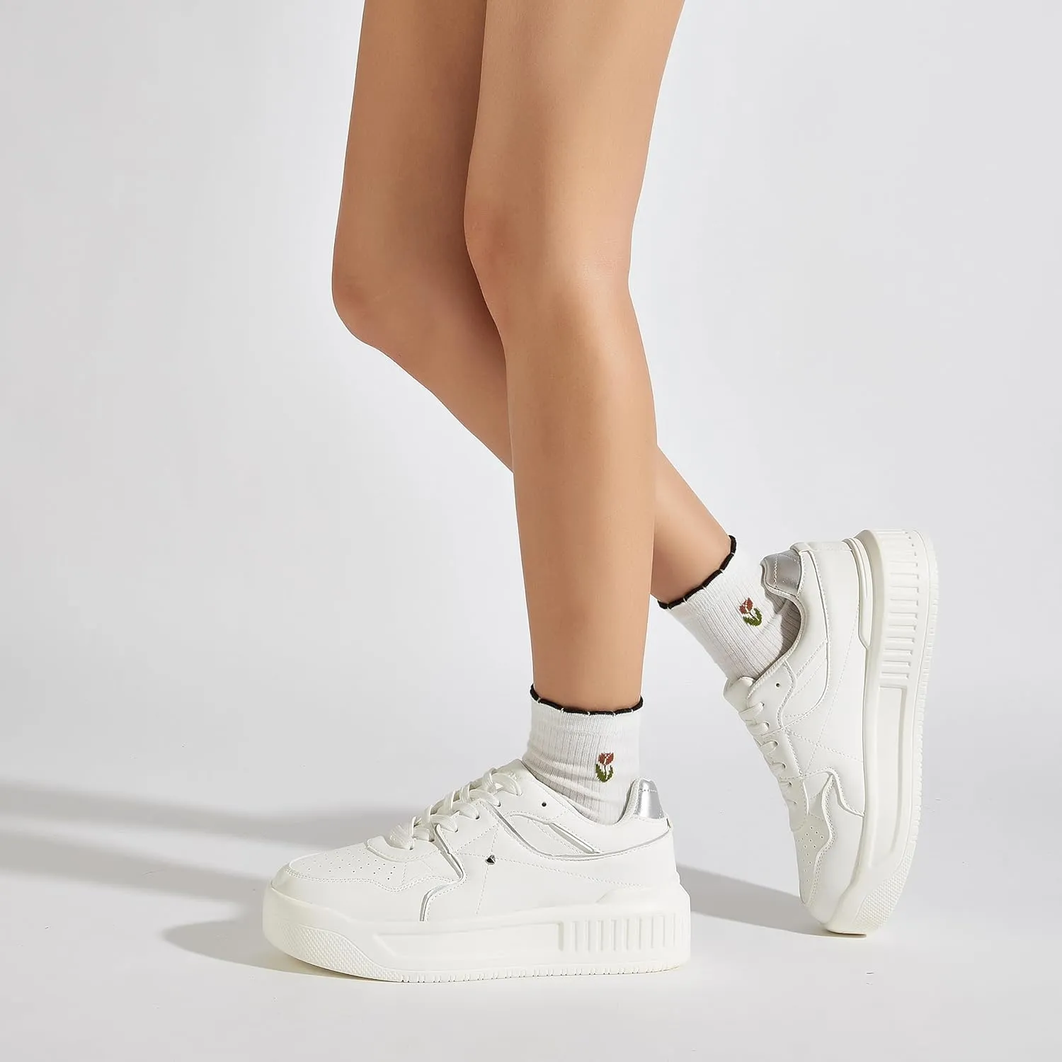 Women's Platform Sneakers Sparkle Rhinestone Chunky Shoes Leather Low Top Lace Up Walking Shoes