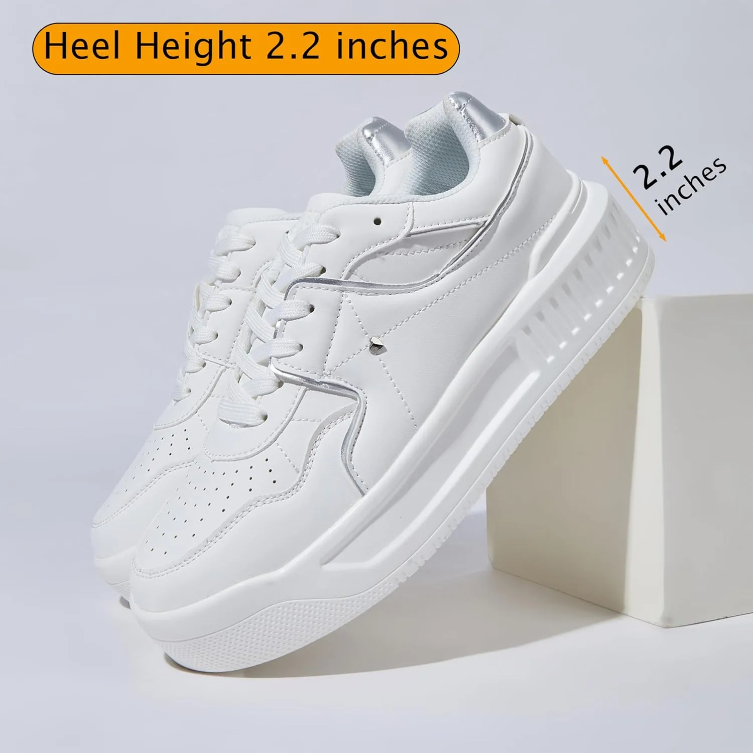 Women's Platform Sneakers Sparkle Rhinestone Chunky Shoes Leather Low Top Lace Up Walking Shoes