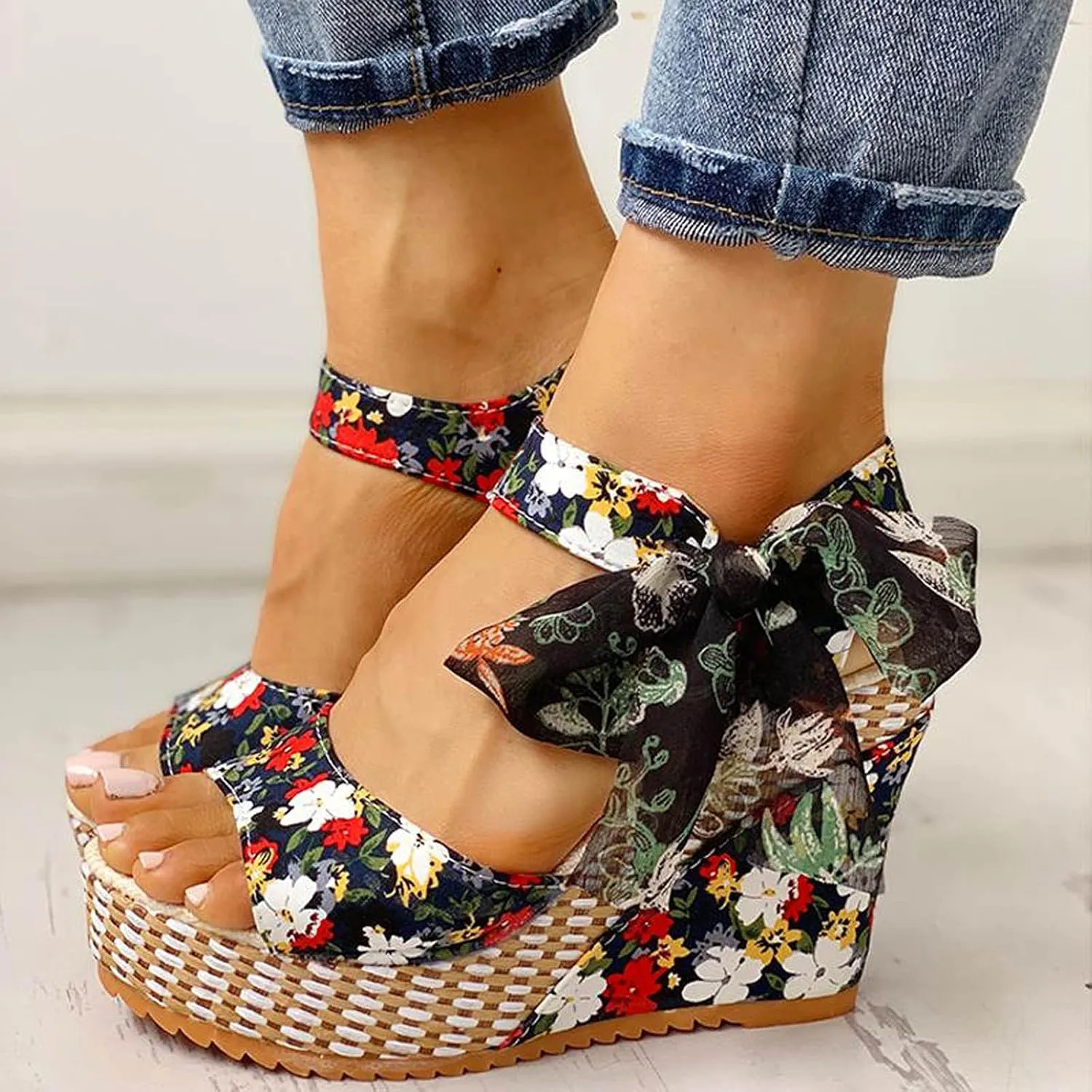 Women's Printed Wedge Sandals, Fashion Platform Cross Ankle Strap Bow Open Toe Summer High Heel Casual Sandals