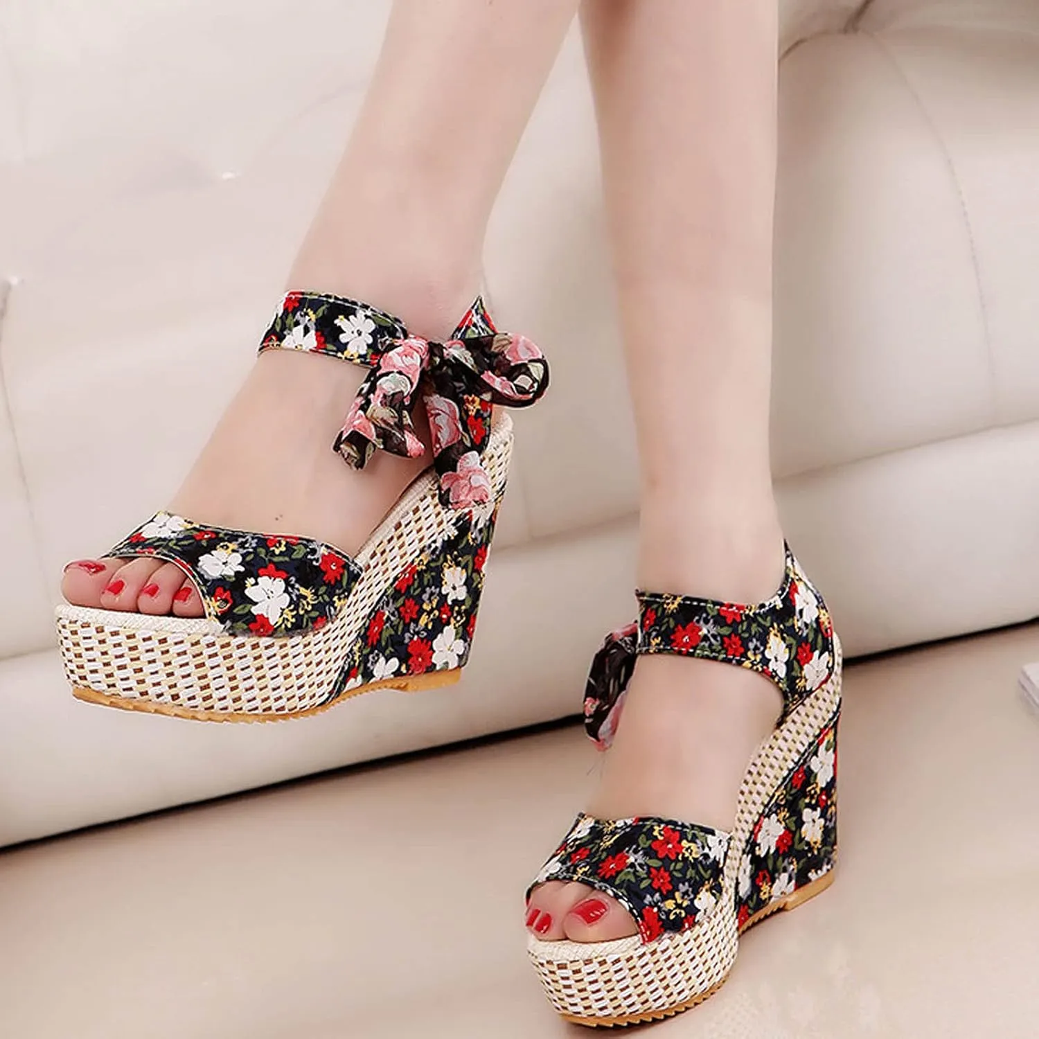 Women's Printed Wedge Sandals, Fashion Platform Cross Ankle Strap Bow Open Toe Summer High Heel Casual Sandals