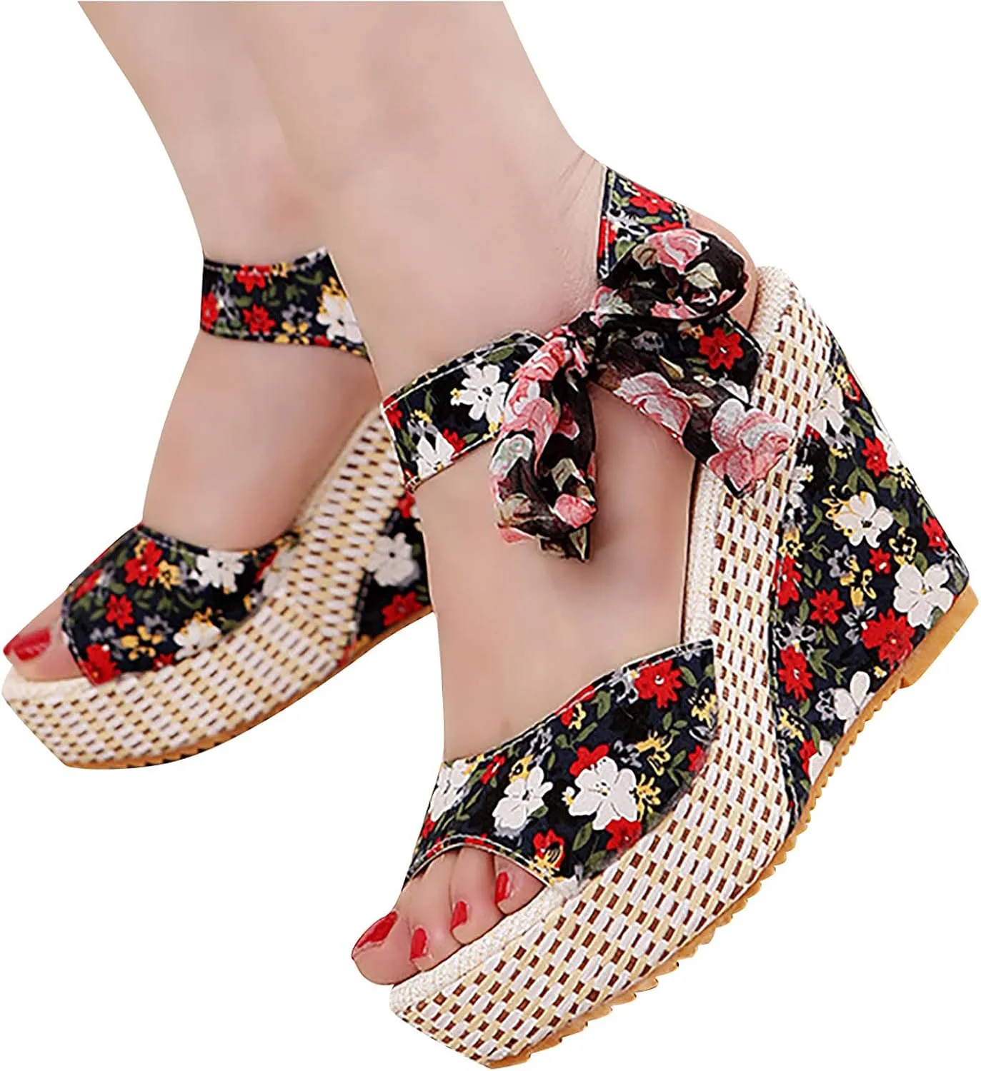 Women's Printed Wedge Sandals, Fashion Platform Cross Ankle Strap Bow Open Toe Summer High Heel Casual Sandals