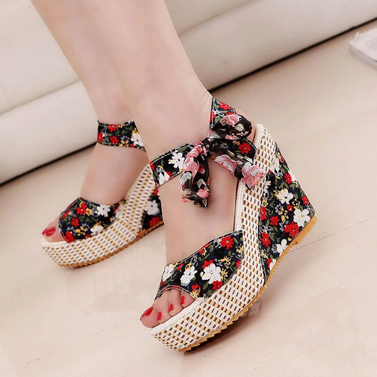 Women's Printed Wedge Sandals, Fashion Platform Cross Ankle Strap Bow Open Toe Summer High Heel Casual Sandals
