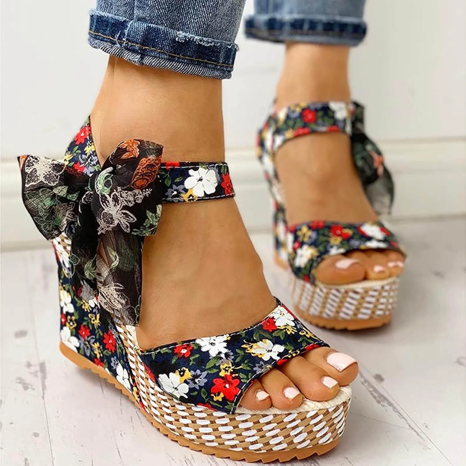 Women's Printed Wedge Sandals, Fashion Platform Cross Ankle Strap Bow Open Toe Summer High Heel Casual Sandals