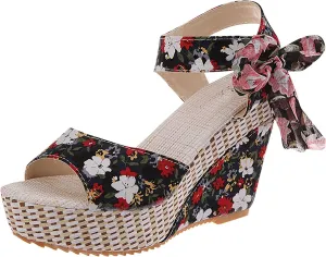 Women's Printed Wedge Sandals, Fashion Platform Cross Ankle Strap Bow Open Toe Summer High Heel Casual Sandals