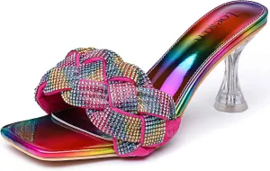 Women's Rhinestone Braided Heels Sandals Open Square Toe Stilettos Heels Clear Lucite Heeled Mules Slip On Sexy Dress Wedding High Heel Slippers