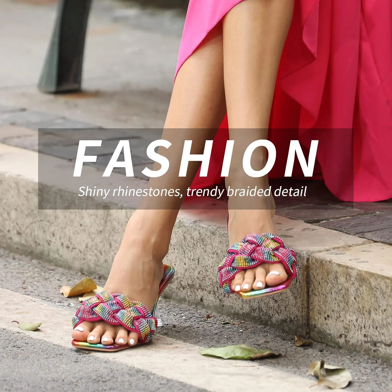 Women's Rhinestone Braided Heels Sandals Open Square Toe Stilettos Heels Clear Lucite Heeled Mules Slip On Sexy Dress Wedding High Heel Slippers
