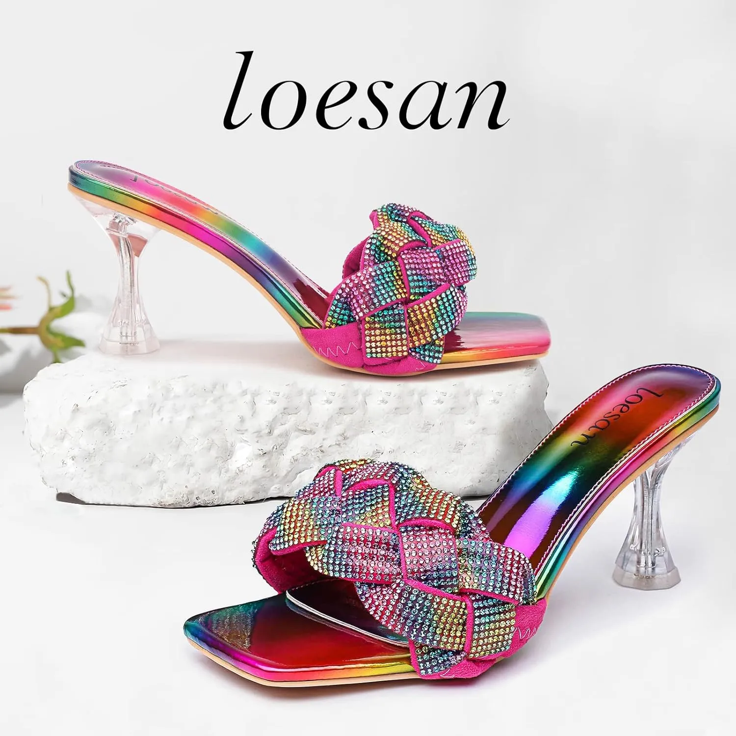 Women's Rhinestone Braided Heels Sandals Open Square Toe Stilettos Heels Clear Lucite Heeled Mules Slip On Sexy Dress Wedding High Heel Slippers