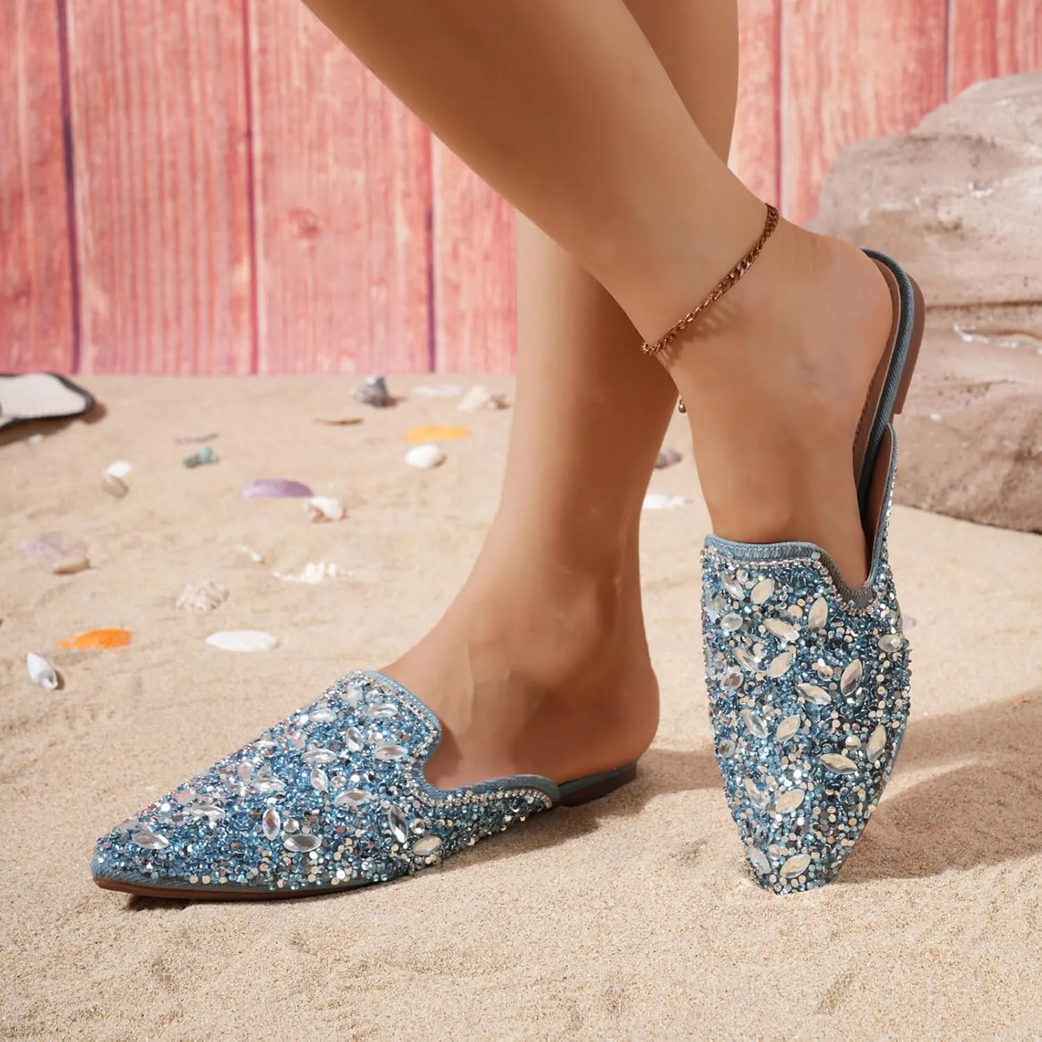 Women's Rhinestone Pointed Toe Flat Mules Soft Memory Foam Insole Backless Slip On Glitter Slides Loafer Dress Clogs Flats