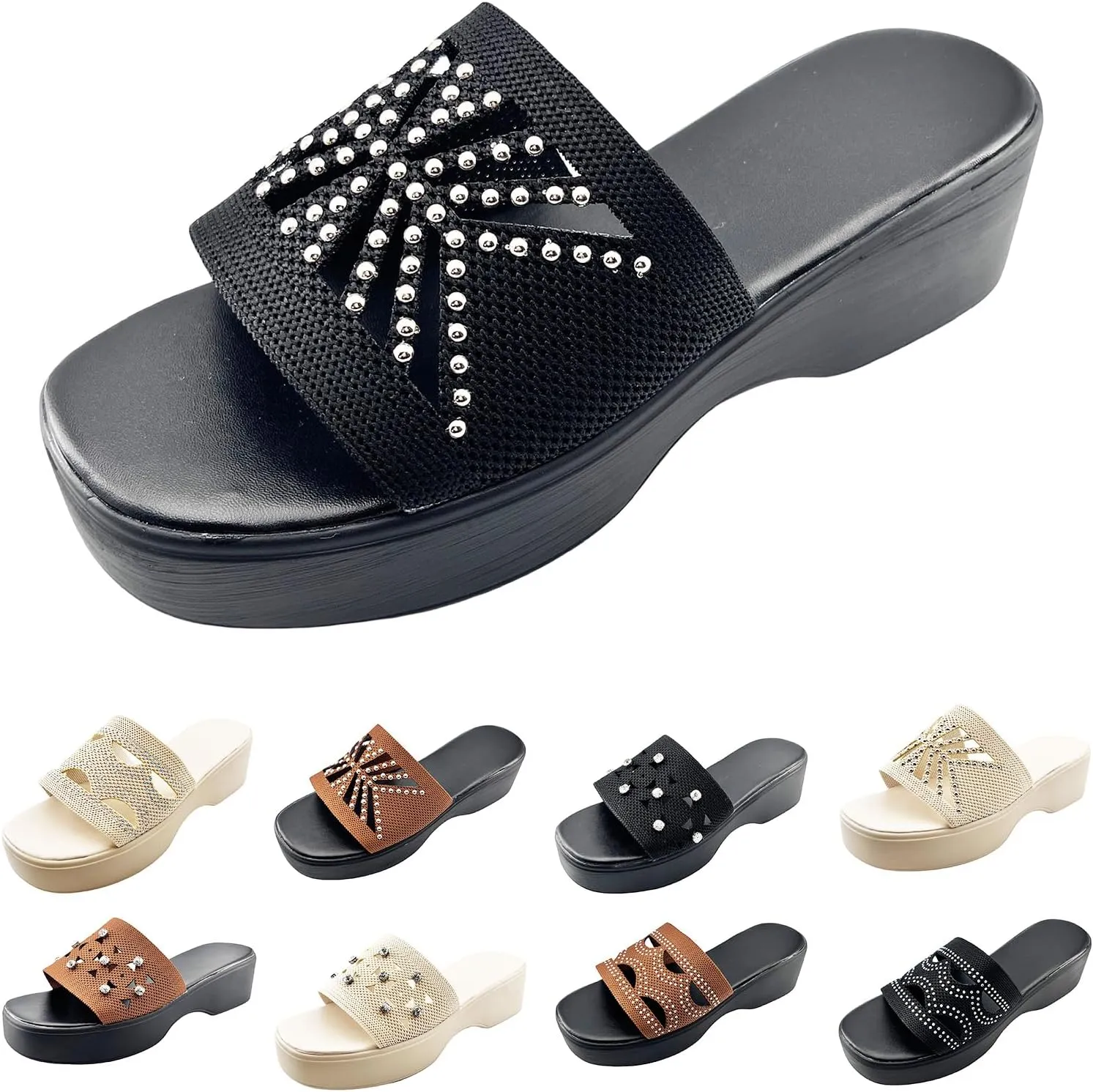 Womens Rhinestones Platform Sandals Lightweight Arch Support Wedge Slides Comfortable Slip On Sandals Dressy Walking Shoes