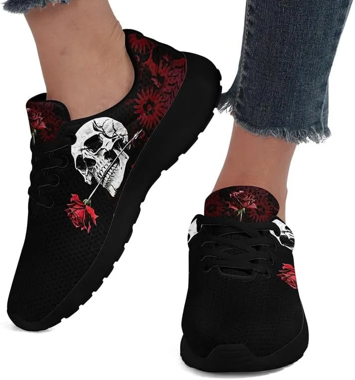 Women's Running Shoes with Unique Skull Rose Print, Non Slip Athletic Gym Training Walking Sneakers for Men