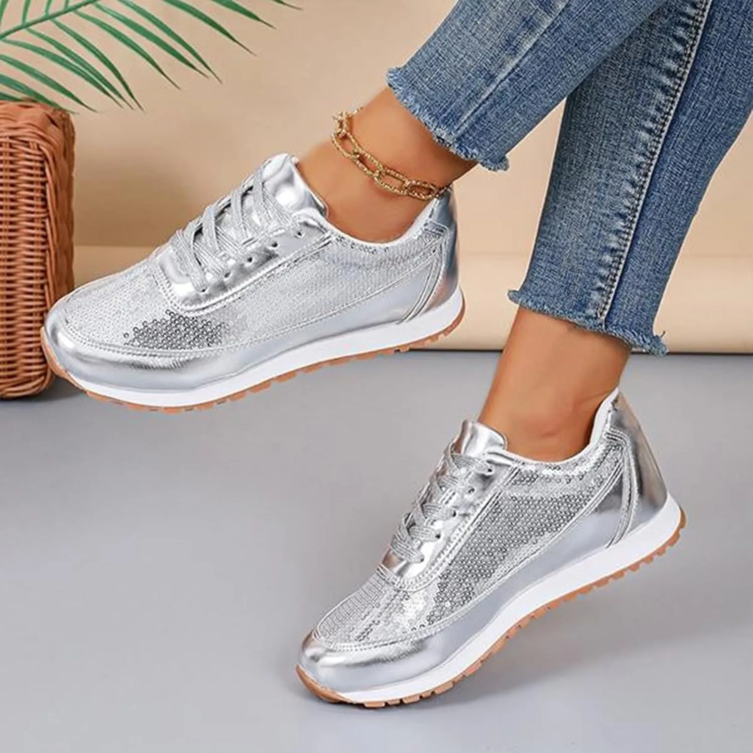 Women's Sequined Casual Sneakers Fashionable Plus Size Comfortable Sneakers Shoes Casual for Kids Boys