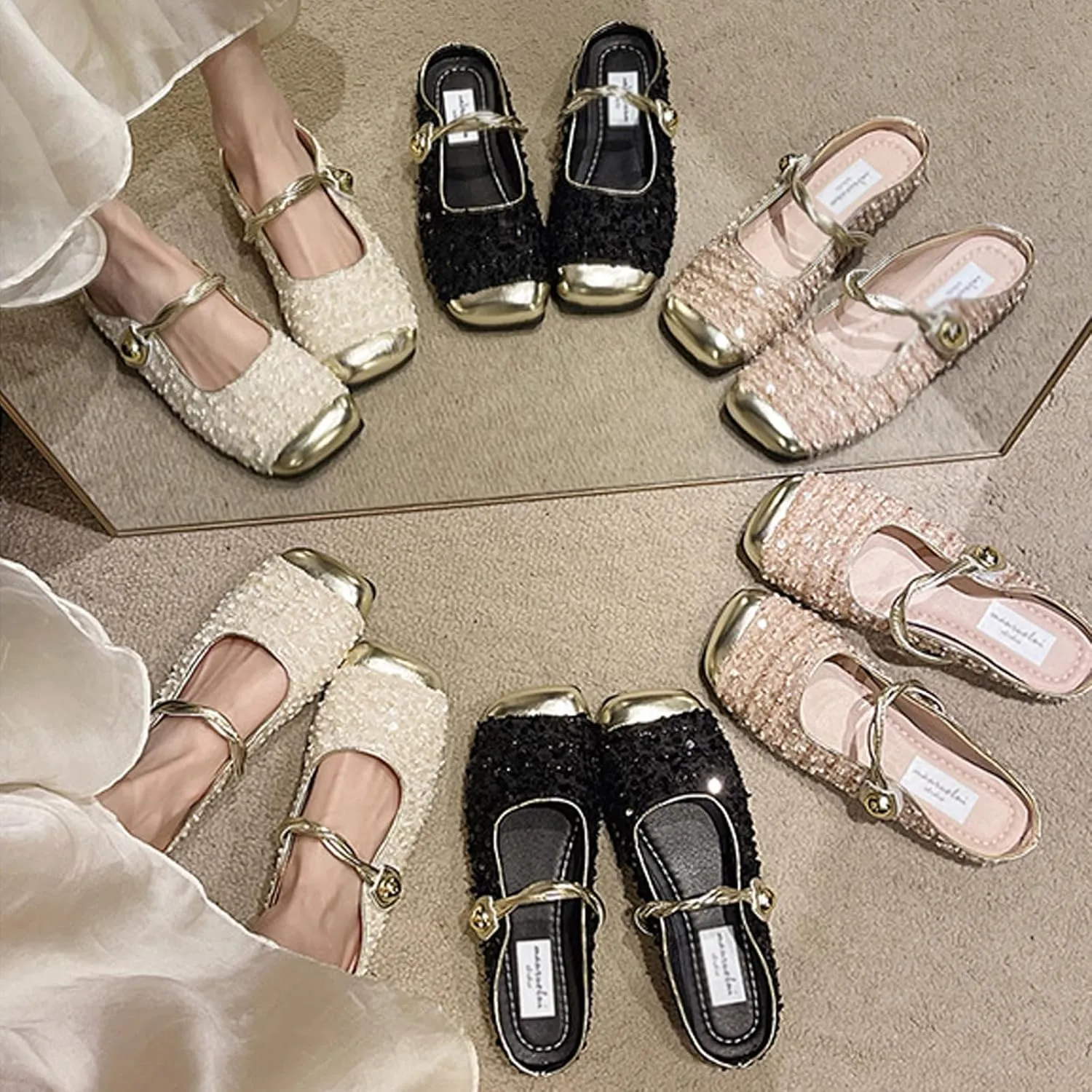 Women's Sequined Square Toe Mary Jane Mules Comfortable Slip-On Cap Toe Low Heel Slingback Flats Casual Party Office Work Dress Sandals