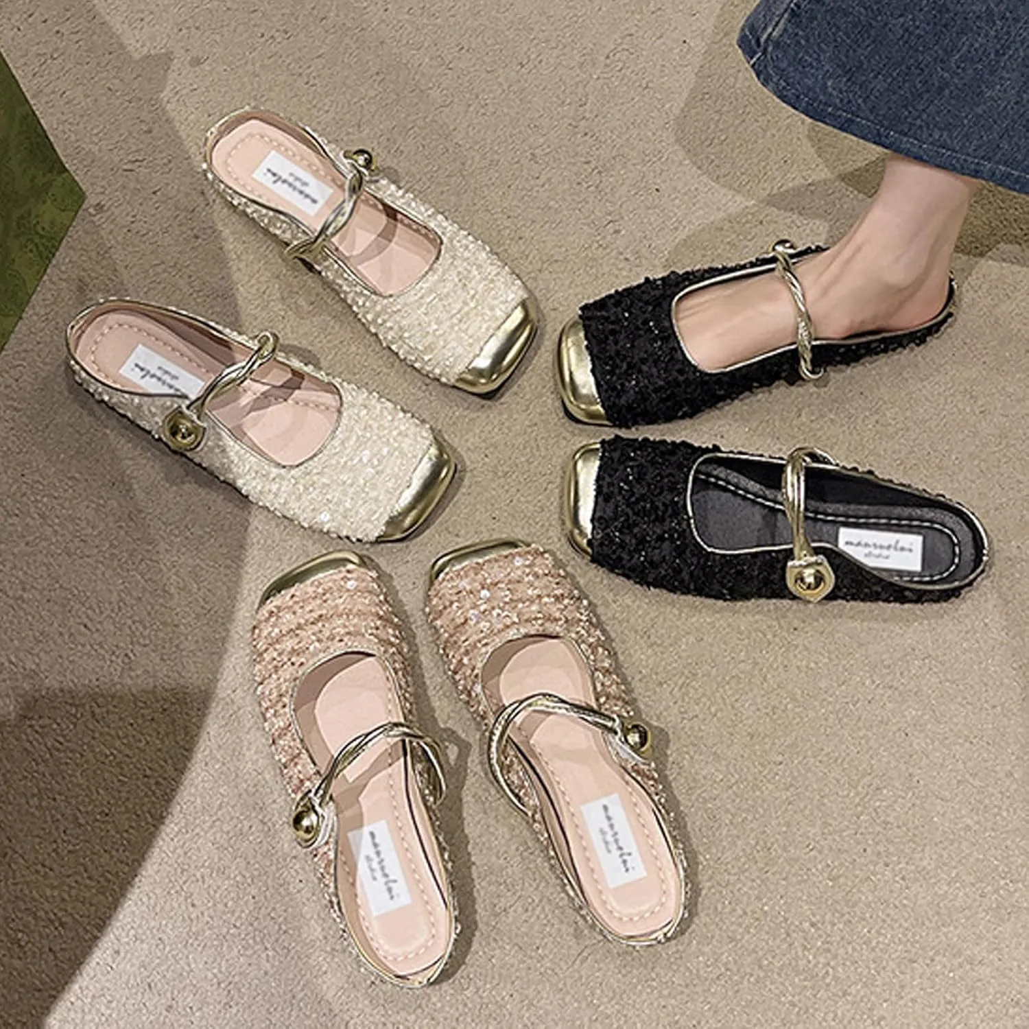 Women's Sequined Square Toe Mary Jane Mules Comfortable Slip-On Cap Toe Low Heel Slingback Flats Casual Party Office Work Dress Sandals