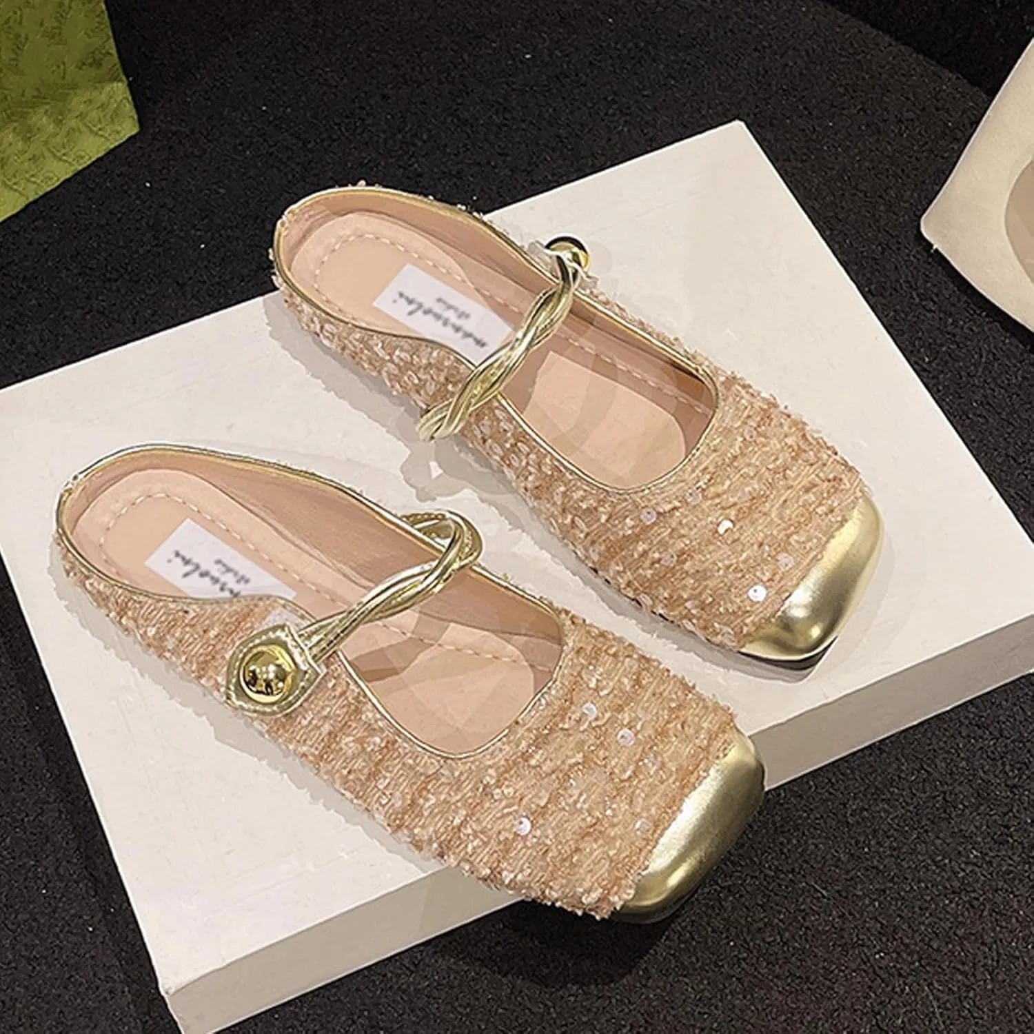 Women's Sequined Square Toe Mary Jane Mules Comfortable Slip-On Cap Toe Low Heel Slingback Flats Casual Party Office Work Dress Sandals