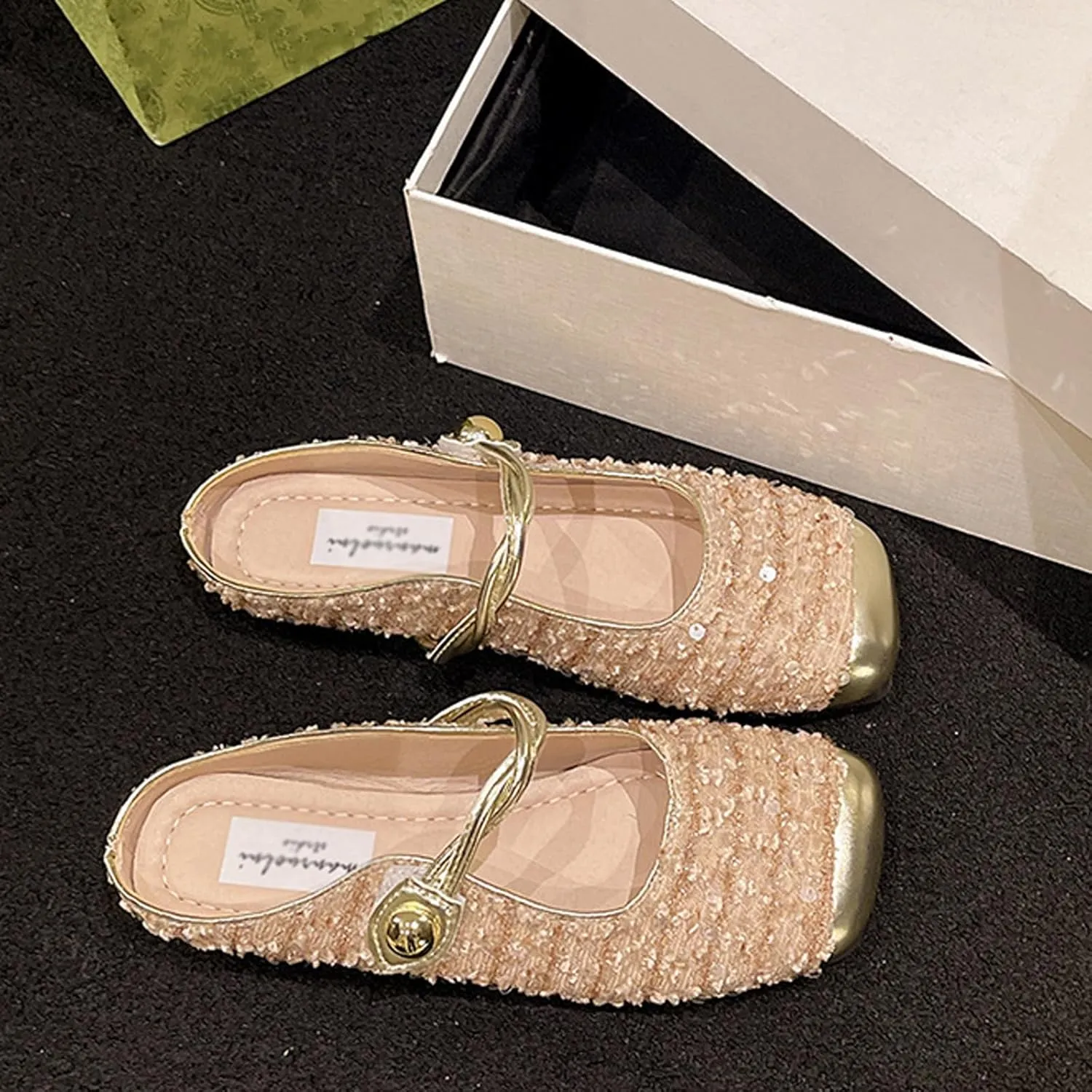 Women's Sequined Square Toe Mary Jane Mules Comfortable Slip-On Cap Toe Low Heel Slingback Flats Casual Party Office Work Dress Sandals