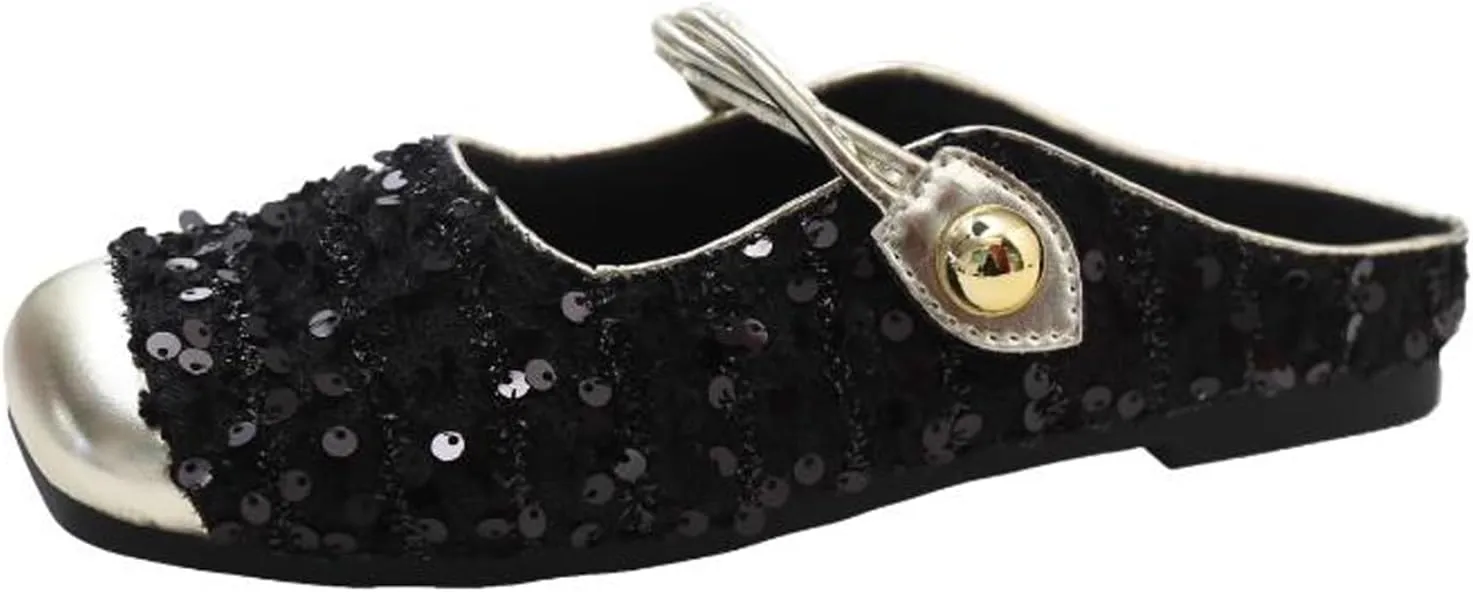 Women's Sequined Square Toe Mary Jane Mules Comfortable Slip-On Cap Toe Low Heel Slingback Flats Casual Party Office Work Dress Sandals