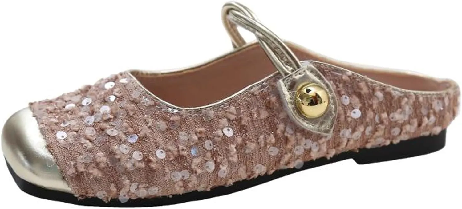 Women's Sequined Square Toe Mary Jane Mules Comfortable Slip-On Cap Toe Low Heel Slingback Flats Casual Party Office Work Dress Sandals