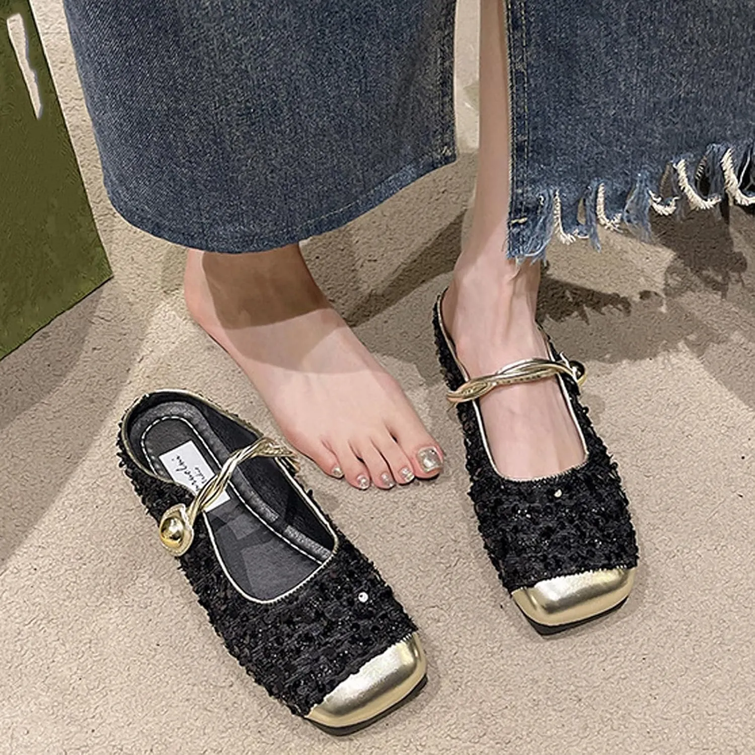 Women's Sequined Square Toe Mary Jane Mules Comfortable Slip-On Cap Toe Low Heel Slingback Flats Casual Party Office Work Dress Sandals