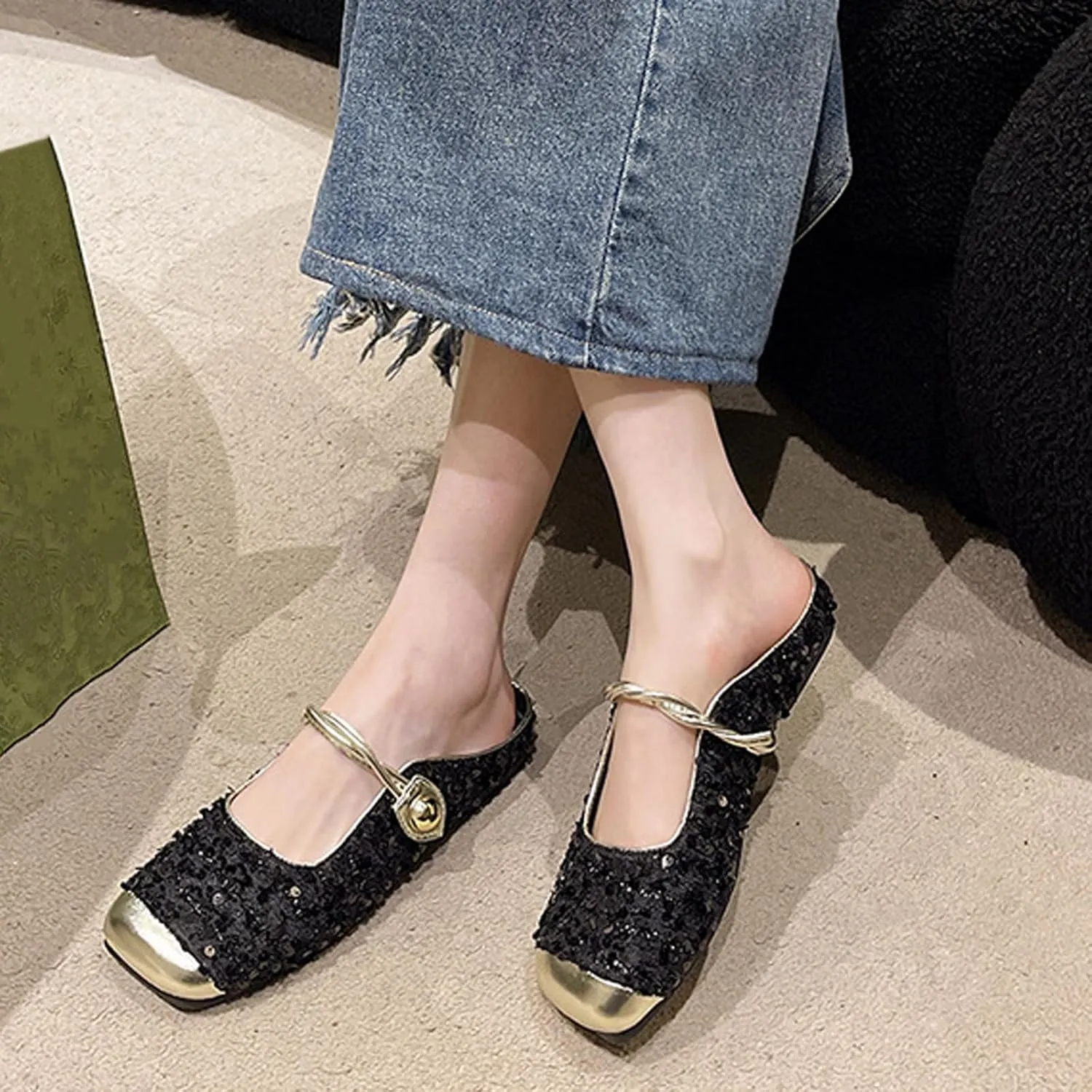 Women's Sequined Square Toe Mary Jane Mules Comfortable Slip-On Cap Toe Low Heel Slingback Flats Casual Party Office Work Dress Sandals