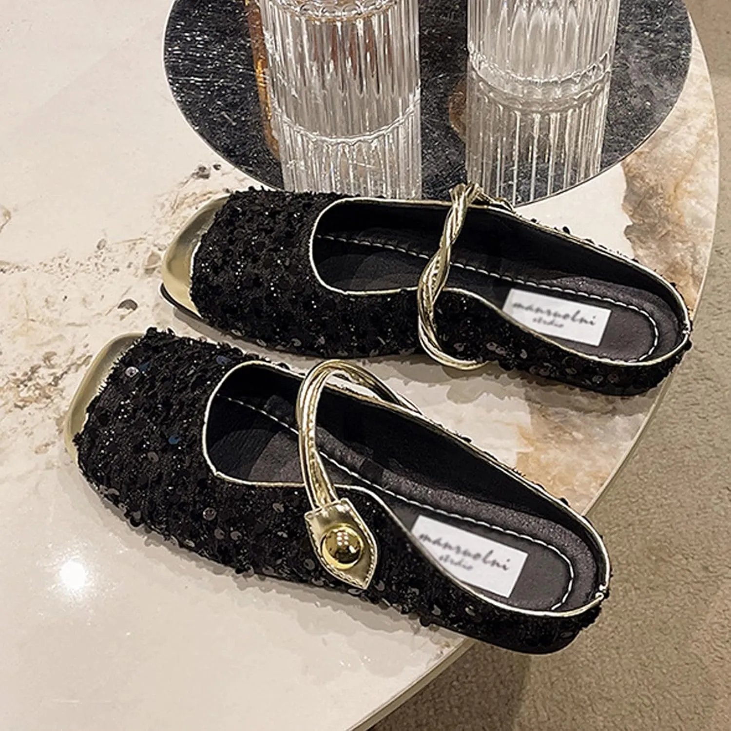 Women's Sequined Square Toe Mary Jane Mules Comfortable Slip-On Cap Toe Low Heel Slingback Flats Casual Party Office Work Dress Sandals