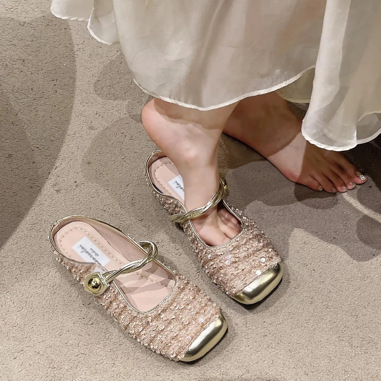 Women's Sequined Square Toe Mary Jane Mules Comfortable Slip-On Cap Toe Low Heel Slingback Flats Casual Party Office Work Dress Sandals
