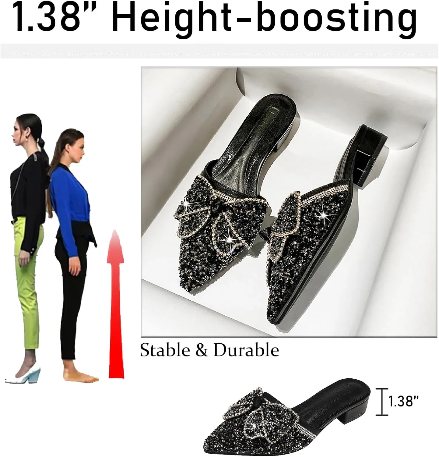 Women's Shiny Rhinestone Bow Chunky Heels Mules Fashion Comfortable Closed Pointed Toe Slip On Low Heel Slides Sandals for Party Date Wedding Dressy Clogs